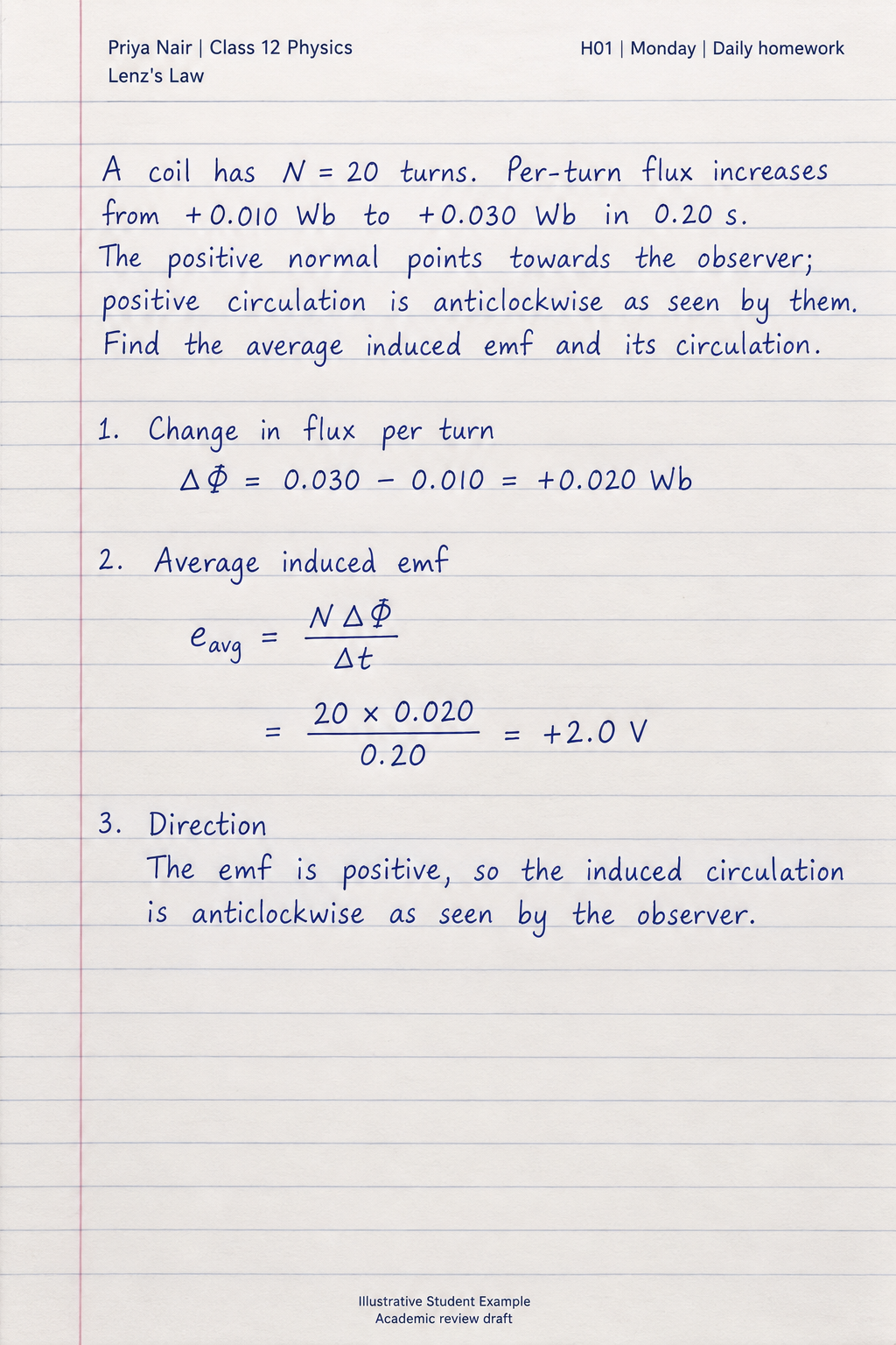 Priya’s homework: flux change is correct; the minus sign is omitted in the emf calculation.