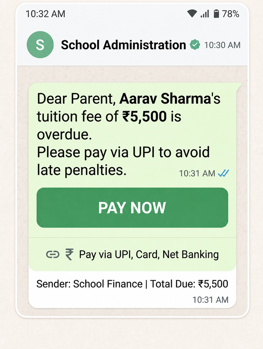 getEDU360 WhatsApp fee reminder with an overdue amount and Pay Now button