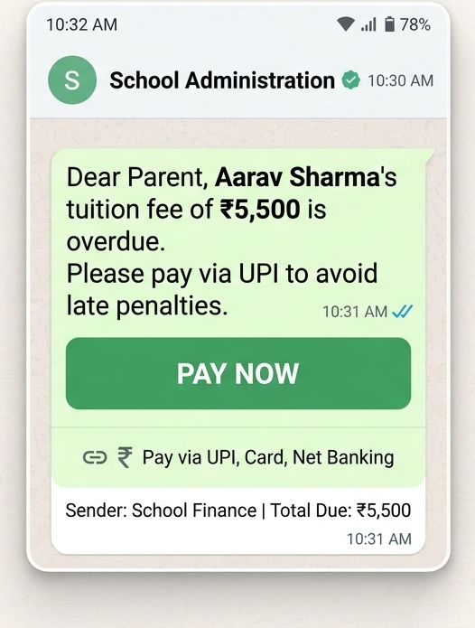 Automated WhatsApp fee reminder sent to a parent
