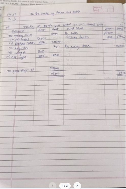 Handwritten accounting answer, Trading Account, page 1 of 3