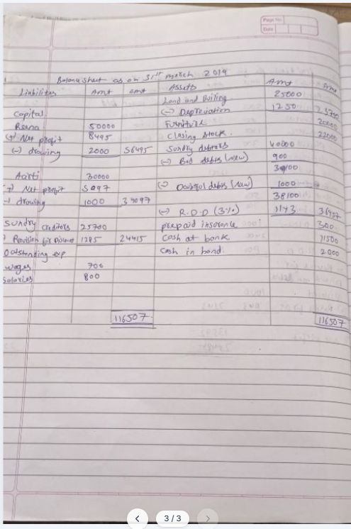 Handwritten accounting answer, Balance Sheet, page 3 of 3