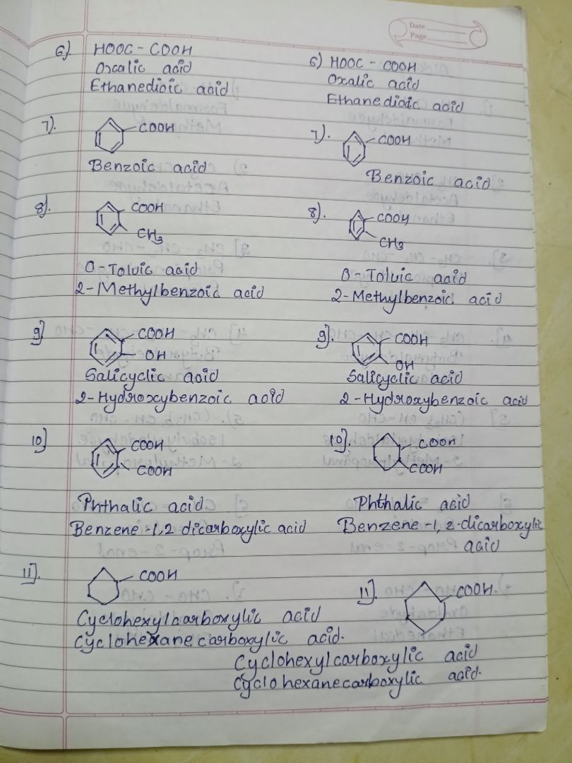 Handwritten chemistry nomenclature answer sheet