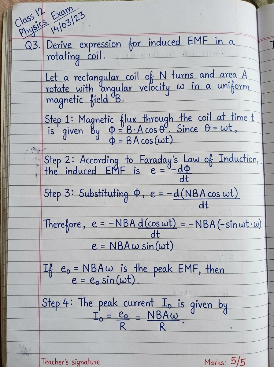 Student handwritten answer sheet with step-wise physics derivation for rotating coil EMF