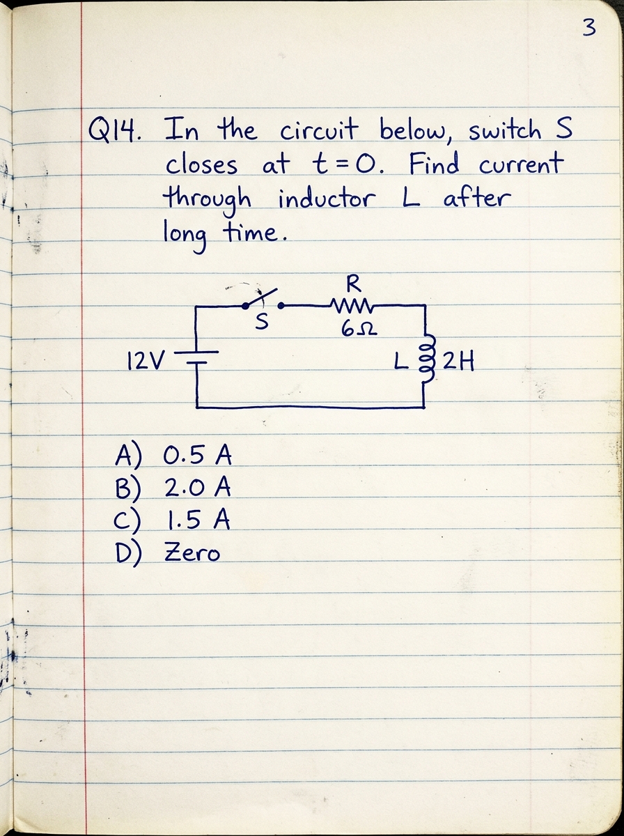 Authentic handwritten physics exam paper with circuit question, schematic diagram, and options